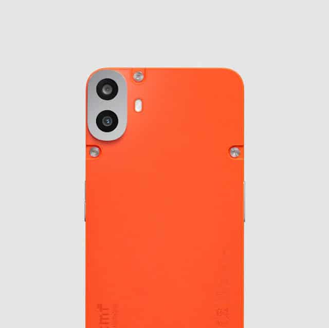 CMF Phone 1 in vibrant orange with dual rear cameras and industrial screw design