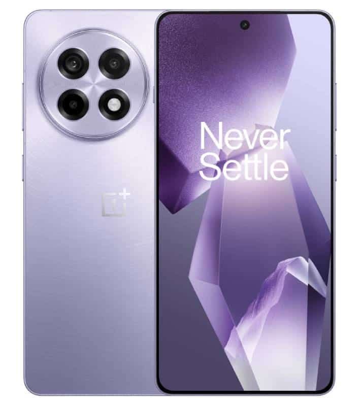 OnePlus Ace 5 Pro in purple, featuring a triple rear camera setup and punch-hole display with "Never Settle" text on screen.