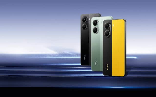 POCO X7 5G smartphones in black, green, and yellow color variants with dual rear cameras