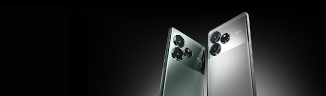 Realme GT 6 smartphones in green and silver with triple rear cameras and sleek glass finish