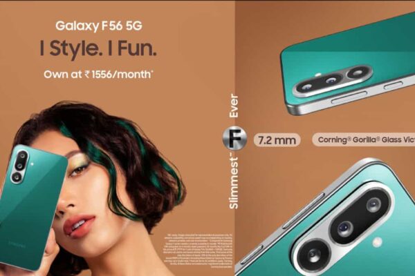 Samsung Galaxy F56 5G in vibrant green color, highlighting its slim design.