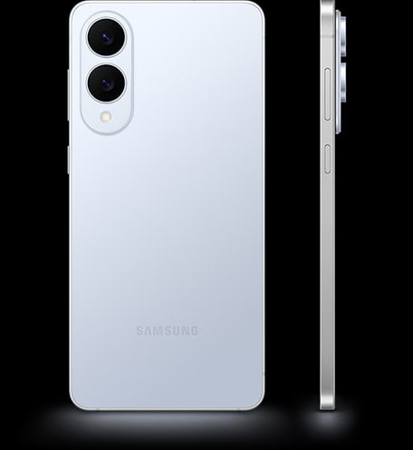 Samsung smartphone with dual rear cameras and sleek silver finish – rear and side view