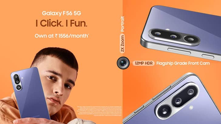 Samsung Galaxy F56 5G with 12MP HDR front camera and stylish violet design.