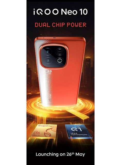 iQOO Neo 10 5G in orange finish with dual chip power, featuring Snapdragon 8s Gen 3 and custom Q1 chip