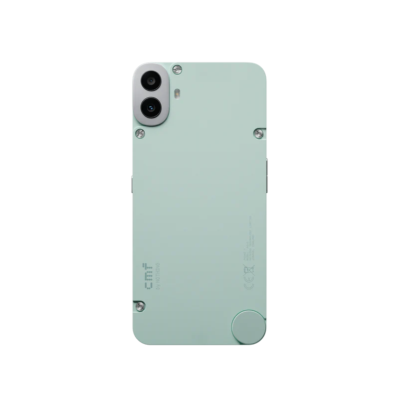 Back view of Light Green CMF Phone 1 smartphone with crystal-themed wallpaper