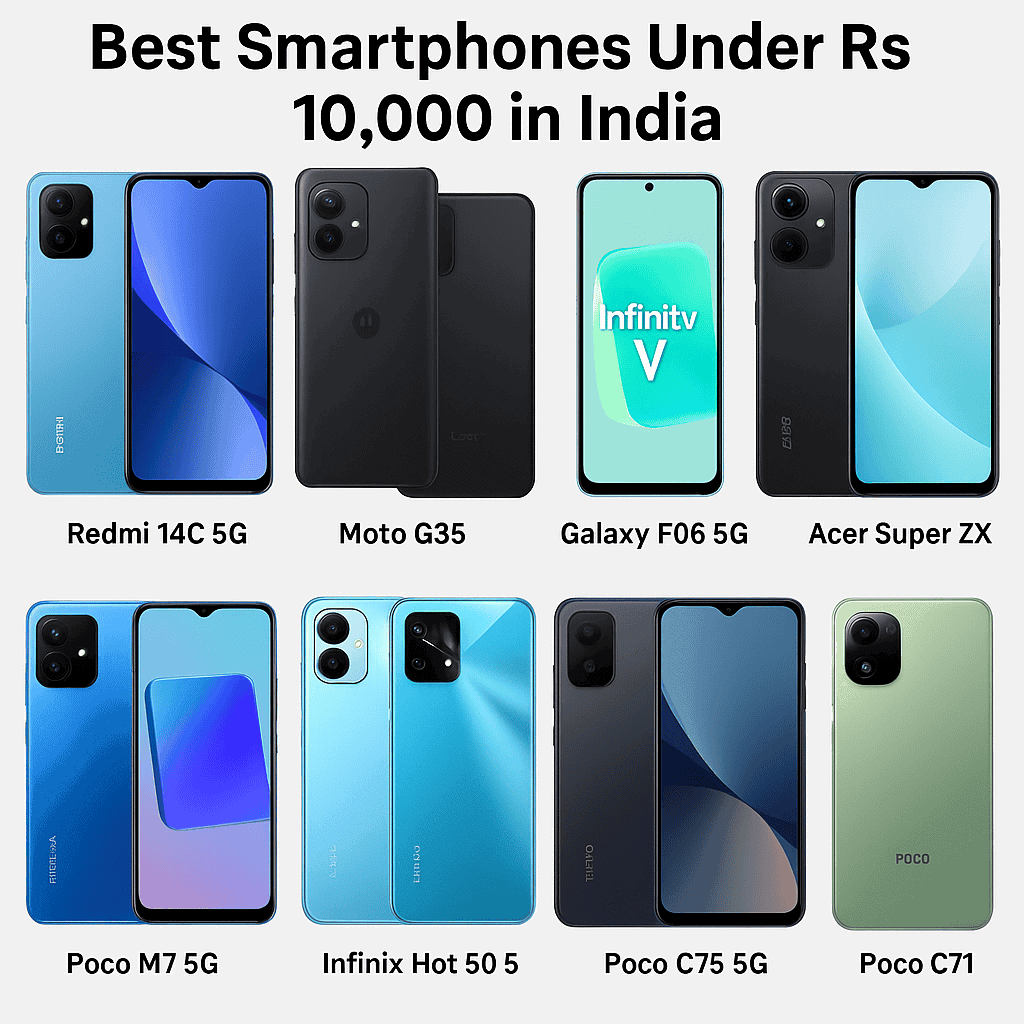 A collection of the Best Smartphones Under Rs 10,000 in India, including Redmi 14C, Moto G35, Galaxy F06 5G, Poco M7 5G, and more.