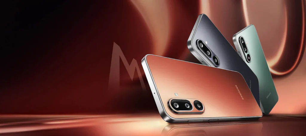 Samsung Galaxy M36 5G in Orange Haze, Serene Green, and Velvet Black color options – Best Smartphones Under Rs 20,000 in India.