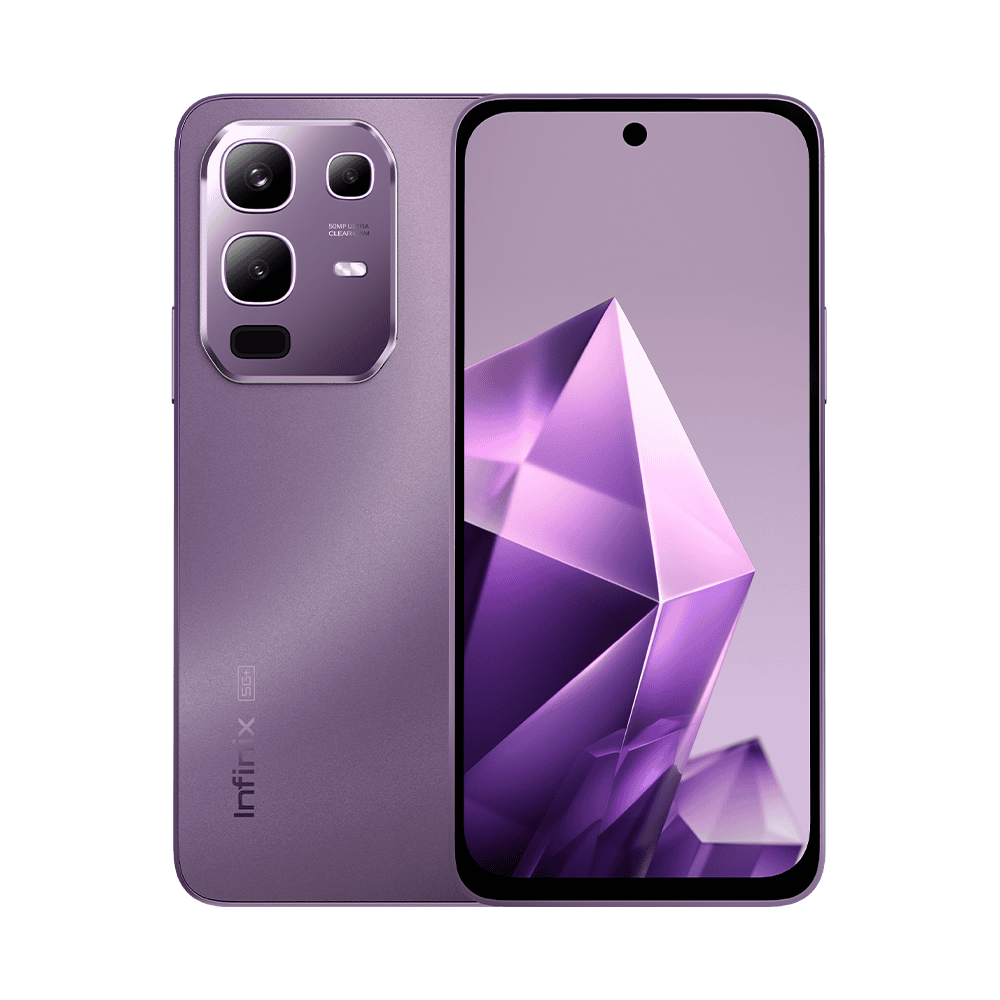 Infinix 5G phone with sleek design and triple-lens camera in Purple colo
