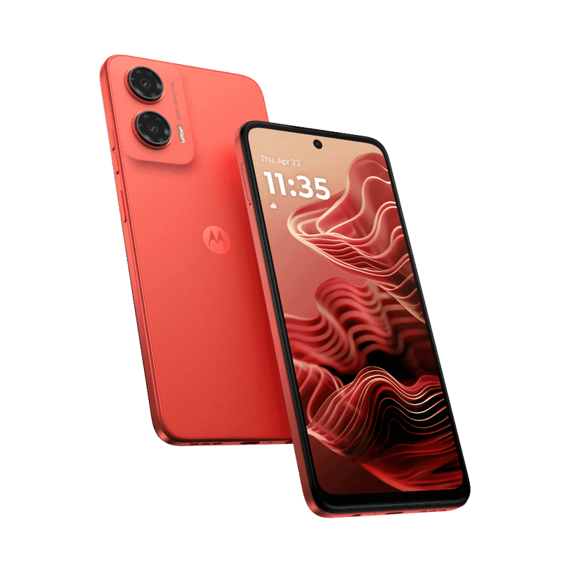Moto G35 5G showing dual rear cameras and slim design, with Guava Red Color.