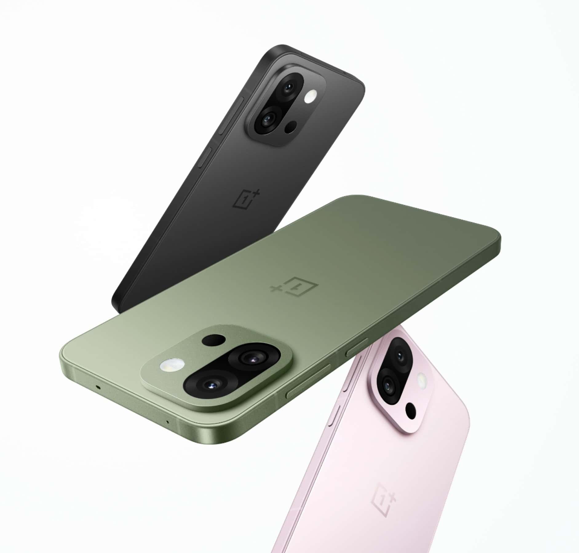 Three color variants of the OnePlus 13s Compact Flagship Smartphone.