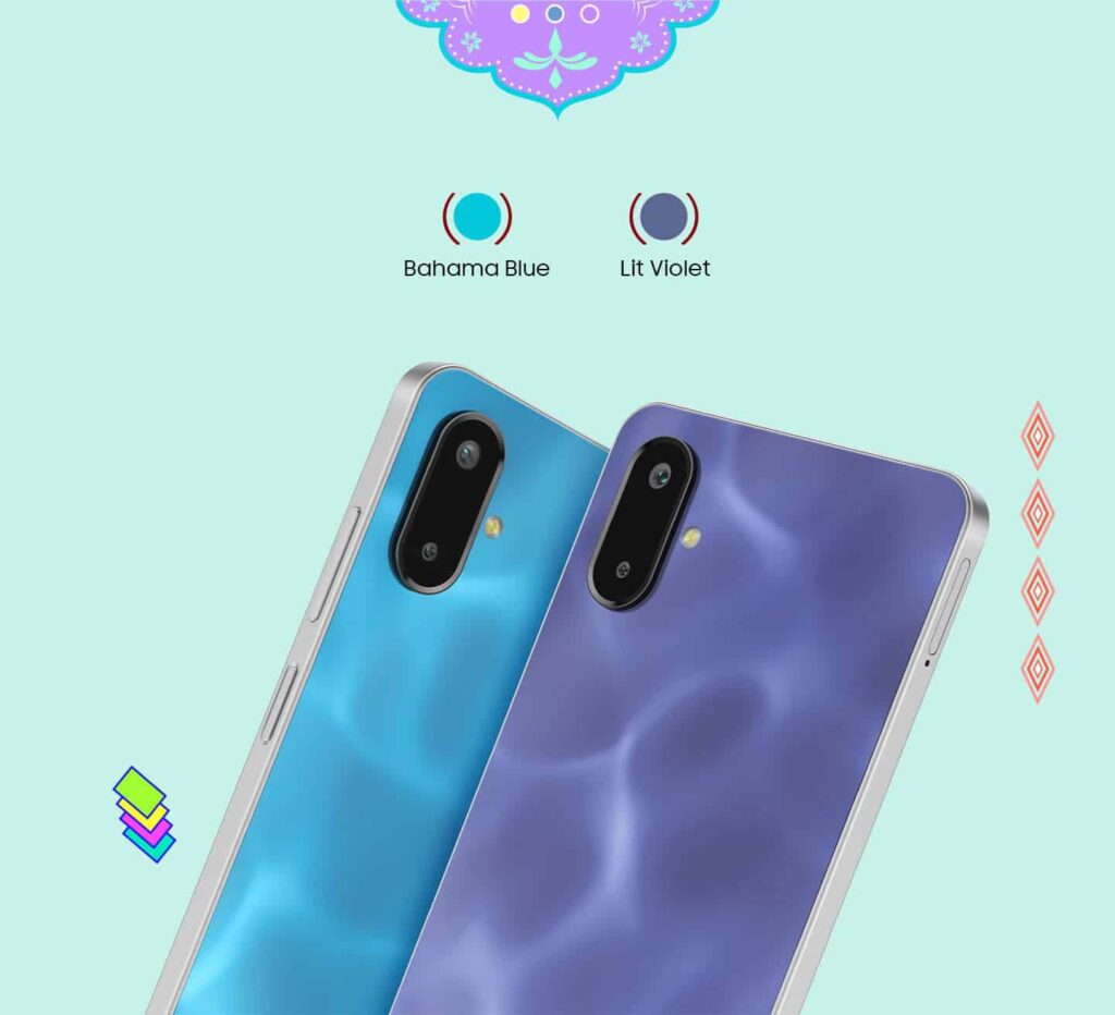 Samsung Galaxy F06 5G with Lit Violet and Bahama Blue color.