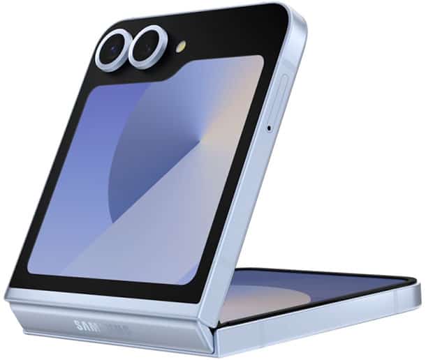 Samsung Galaxy Z Flip 7 (representational image) showcasing its compact foldable design in a half-open position.









