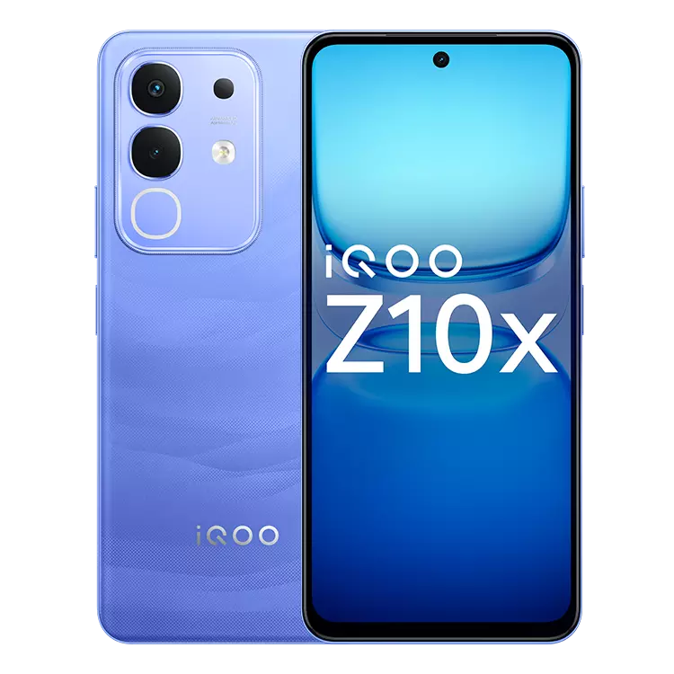 Front and back view of iQOO Z10x 5G smartphone with Ultramarine style