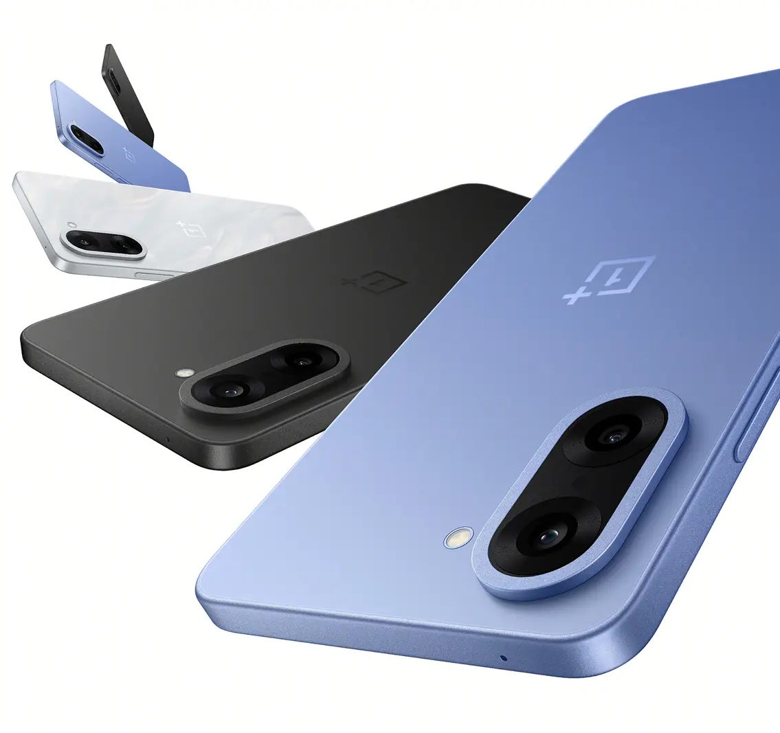 OnePlus Nord CE 5 smartphones in Black Infinity, Marble Mist, and Nexus Blue color variants.