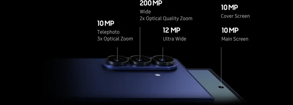 Samsung Galaxy Z Fold 7 comes with a 200MP wide, 12MP ultra-wide, 10MP telephoto, and dual 10MP selfie cameras.