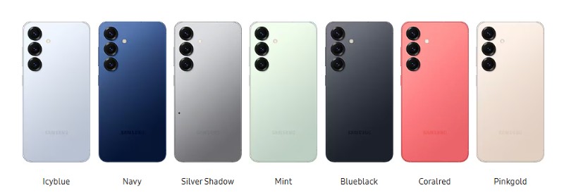 The Samsung Galaxy S25 in Iceblue, Navy, Silver Shadow, Mint, Blueblack, Coralred, and Pinkgold color options.